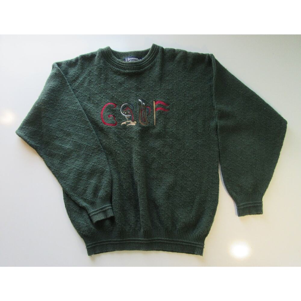 Scottish Isle by Bernette Embroidered Golf Sweater Knit Pullover Green Adult XL